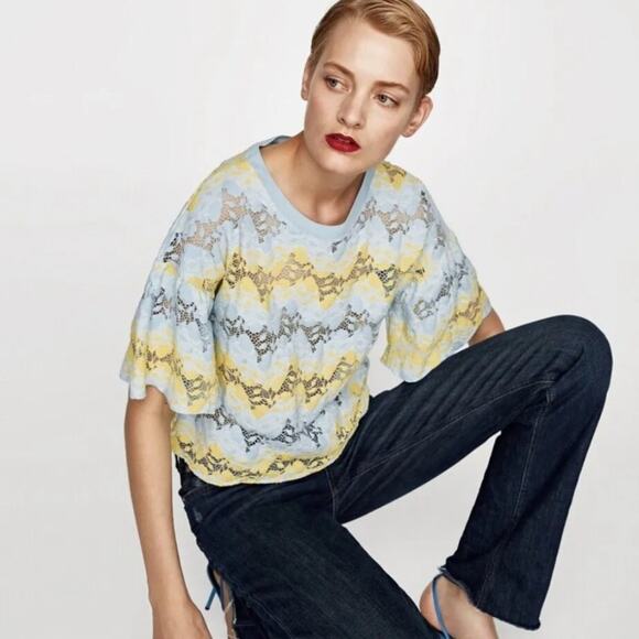 Zara Blue & Yellow Lace Blouse Size Small - Picture 7 of 7